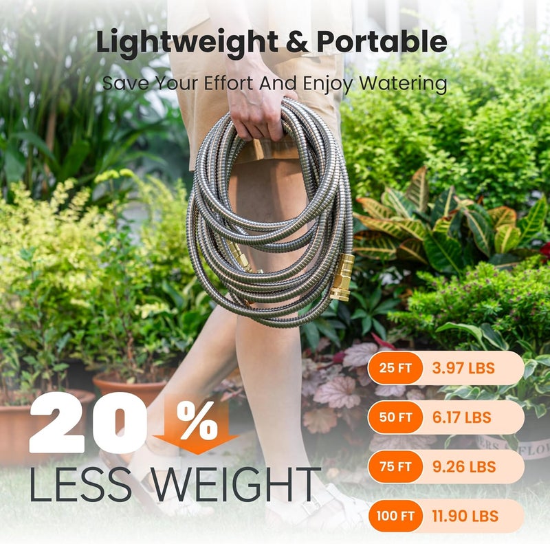 Giraffe Tools Girafe Tools Garden Hose 25ft x 5/8", 304 Stainless Steel Metal Water Hose, No Kink Garden Water Hose with 9 Pattern Spray Nozzle, Flexible, Lightweight, Kink Free Hose for Yard, Outdoor - Image 4